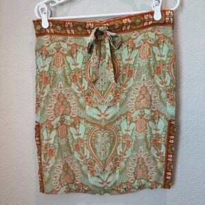 Plenty Mint Green & Red 100% Silk Paisley Print Drawstring Skirt - Size 4 - EUC